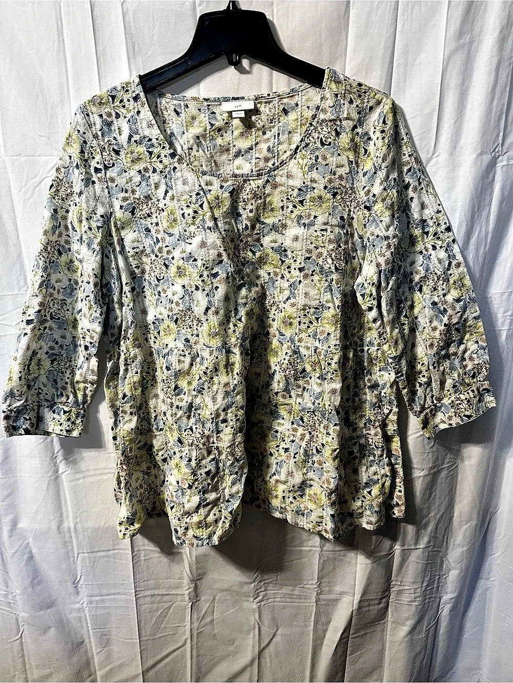 J.Jill Floral Cotton Blouse in Cream & Blue Size Large